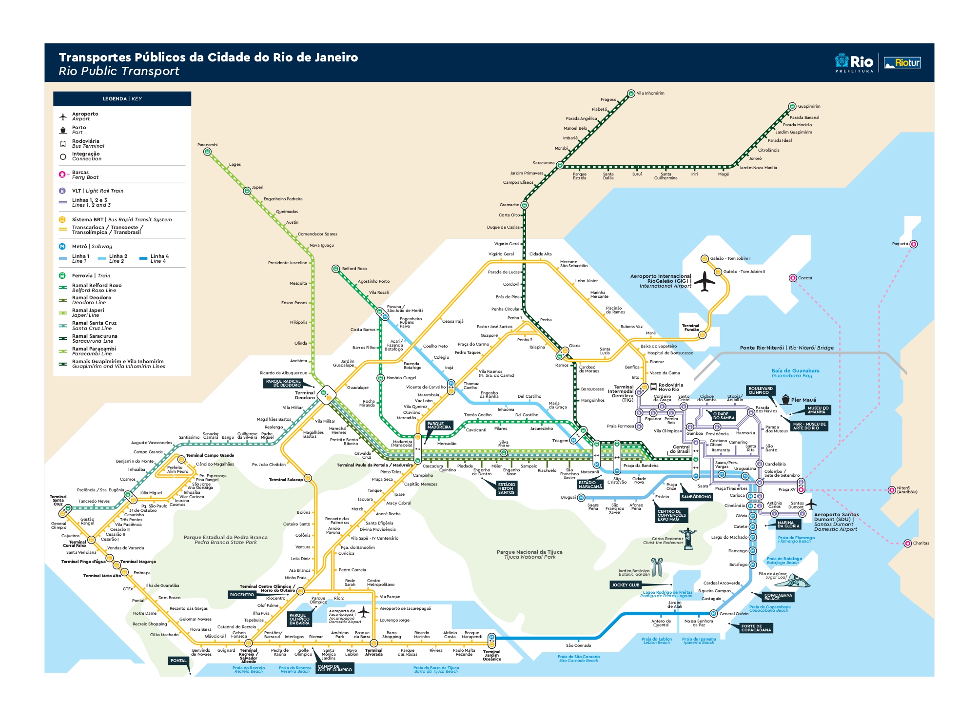 Mapa integrado do transporte público do Rio de Janeiro, com as linhas de metrô, BRT, VLT e trem